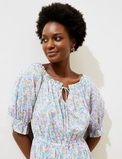 Cheapest 🛒 M&S Collection 👗 Dresses Pure Cotton Floral Bardot Midi Beach 👗 Dress 👏 -Women's Holiday Shop Sales SD 01 T52 8274 ZZ X EC 2