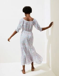 Cheapest 🛒 M&S Collection 👗 Dresses Pure Cotton Floral Bardot Midi Beach 👗 Dress 👏 -Women's Holiday Shop Sales SD 01 T52 8274 ZZ X EC 3