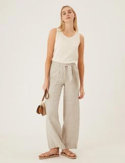 Brand new 🤩 M&S Collection Pure Linen Belted Wide Leg Trousers 😀 -Women's Holiday Shop Sales SD 01 T57 7136 V0 X EC 4