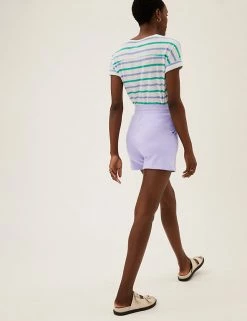 Coupon 🤩 M&S Collection Cotton Rich Jersey High Waisted Shorts 🧨 -Women's Holiday Shop Sales SD 01 T57 7185 G1 X EC 3