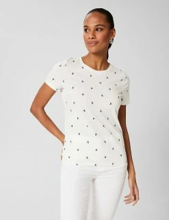 Promo 👏 HOBBS Women Pure Cotton Printed Crew Neck T-Shirt ⌛
