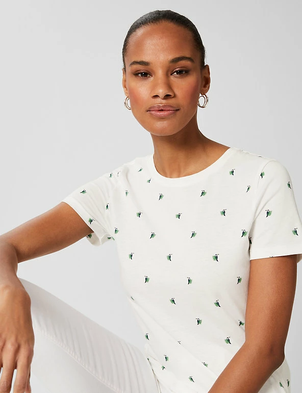 Promo 👏 HOBBS Women Pure Cotton Printed Crew Neck T-Shirt ⌛ 3 Promo 👏 HOBBS Women Pure Cotton Printed Crew Neck T-Shirt ⌛ - Image 3