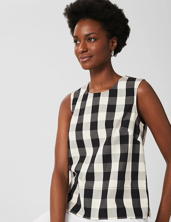 Hot Sale 🎉 HOBBS Women Cotton Rich Checked Sleeveless Peplum Top 👏 3 Hot Sale 🎉 HOBBS Women Cotton Rich Checked Sleeveless Peplum Top 👏 - Image 3
