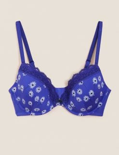 Coupon 🔔 Lingerie Printed Lace Trim Wired Plunge Bra A-E ⌛