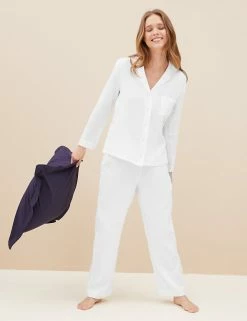 Cheapest 🛒 M&S Collection Pyjamas Muslin Rever Collar Pyjama Set 🛒 -Women's Holiday Shop Sales SD 02 T37 1137J Z0 X EC 1