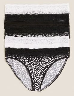 Budget ✔️ M&S Collection 5pk Cotton & Lace High Leg Knickers 👍 -Women's Holiday Shop Sales SD 02 T61 5024L Y4 X EC 0