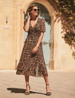 Hot Sale ✔️ SOSANDAR 👗 Dresses Animal Print V-Neck Waisted Midi Wrap 👗 Dress 🔔