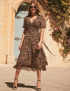 Hot Sale ✔️ SOSANDAR 👗 Dresses Animal Print V-Neck Waisted Midi Wrap 👗 Dress 🔔 -Women's Holiday Shop Sales SD 08 T83 2249 ZZ X EC 2