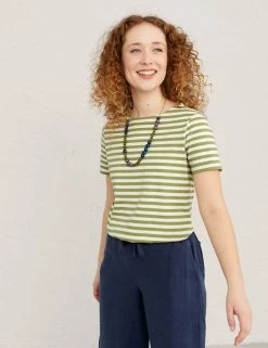 Budget 🤩 Seasalt Cornwall Women Pure Cotton Striped Slash Neck T-Shirt 🔔