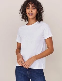 Promo 🔔 White Stuff Women Pure Cotton Embroidered Regular Fit T-Shirt 👍