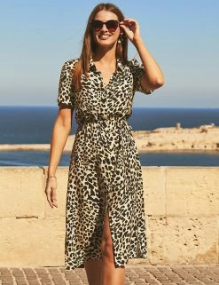 Top 10 👏 SOSANDAR 👗 Dresses Animal Print Belted Knee Length 👕 Shirt 👗 Dress 🎉 -Women's Holiday Shop Sales SD 08 T83 4125 N4 X EC 1