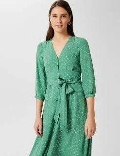 Budget ✨ HOBBS 👗 Dresses Polka Dot V-Neck Tie Waist Midi Shift 👗 Dress 🔥 -Women's Holiday Shop Sales SD 10 T83 6915 J4 X EC 1