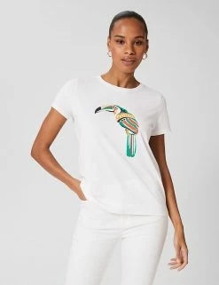Flash Sale 🎉 HOBBS Women Pure Cotton Toucan Print Crew Neck T-Shirt 💯
