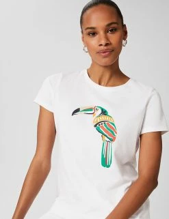Flash Sale 🎉 HOBBS Women Pure Cotton Toucan Print Crew Neck T-Shirt 💯 -Women's Holiday Shop Sales SD 10 T83 7082 Z4 X EC 2