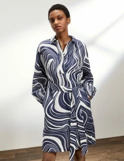 Hot Sale 🔥 JAEGER 👗 Dresses Pure Linen Printed V-Neck Smock 👗 Dress 🌟 -Women's Holiday Shop Sales SD 10 T97 6329C E0 X EC 1