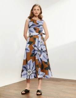 Buy 💯 JAEGER 👗 Dresses Pure Linen Floral Midi Skater 👗 Dress ✔️ -Women's Holiday Shop Sales SD 10 T97 6373C MH X EC 1