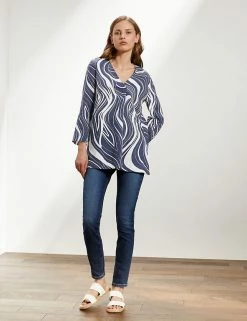 Deals ⌛ JAEGER 👕 Shirts & Blouses Pure Linen Printed Long Sleeve Blouse 👍