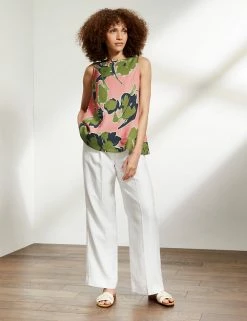 Budget 👍 JAEGER 👕 Shirts & Blouses Pure Linen Leaf Print Sleeveless Blouse 🧨 -Women's Holiday Shop Sales SD 10 T97 6546C A4 X EC 1