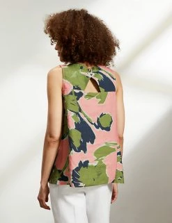 Budget 👍 JAEGER 👕 Shirts & Blouses Pure Linen Leaf Print Sleeveless Blouse 🧨 -Women's Holiday Shop Sales SD 10 T97 6546C A4 X EC 3